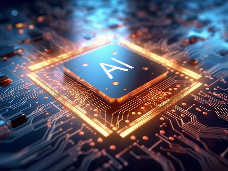 3D render AI artificial intelligence technology CPU central processor unit chipset on the printed circuit board for electronic and technology concept select focus shallow depth of field. High quality photo Generative AI